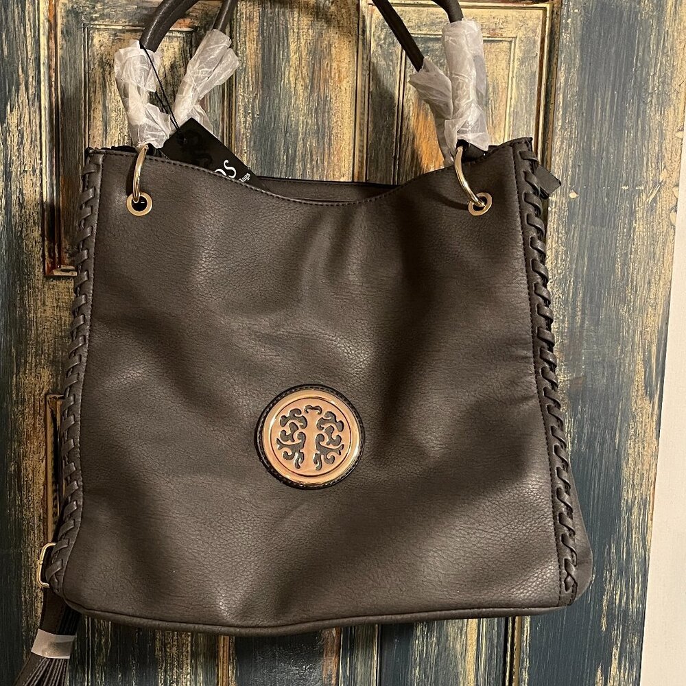 Large Grey Hobo / Shoulder Handbag Vegan Leather Tree of Life Gold Emblem